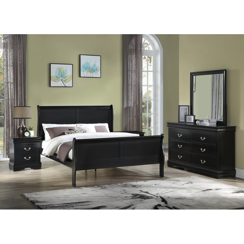 Ensemble de chambre à coucher avec grand lit traîneau 5 pièces, Noir