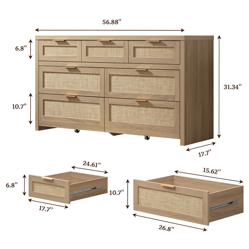 Chada 56.88" W Bohemian Rattan 7-Drawer Dresser With Ample Storage, Light Oak