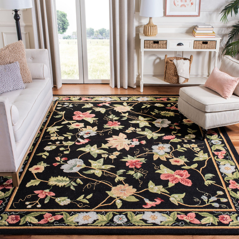 Tapis noir en laine bouclé / crocheté à la main Hollander, Rectangle de 10 pi x 14 pi