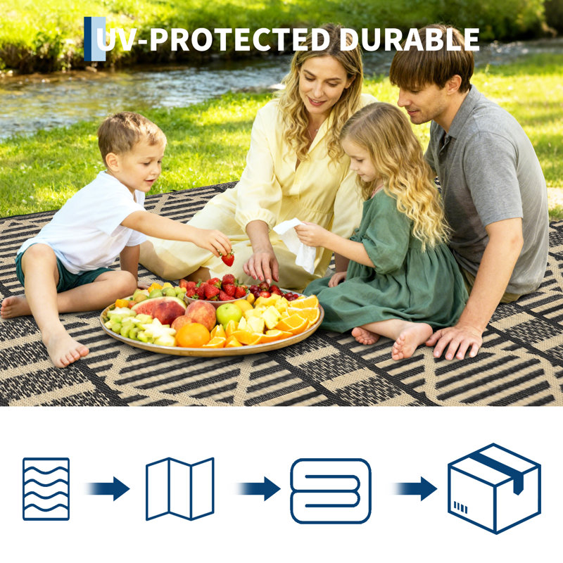 9x18 Ft Outdoor Rug 320GSM PP Woven Double Sided Same Pattern Waterproof Geometric Patio Mat for Backyard Deck Porch Camping Picnic Beach, Black Coffee