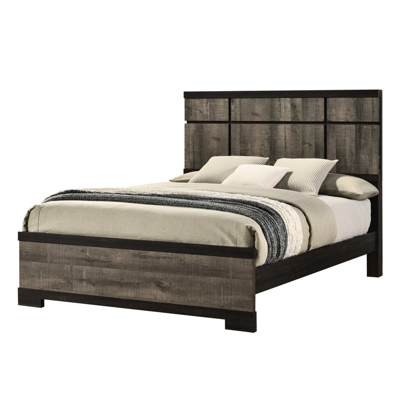 Modern Queen Bed Frame, Panel - Style Headboard In Gray Ebony, Contemporary Bedroom Solution, Box Spring Necessary, Simple Assembly Work Required Size Headboard, Ebony And Finish, Rustic Vibe Bedroom,