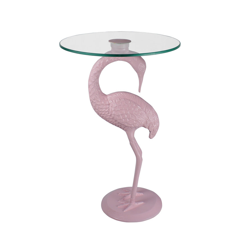 Table de bout décorative flamant rose 25 po Blanche, plateau rond en verre transparent et base en aluminium brillant, table d'appoint fantaisiste pour le salon