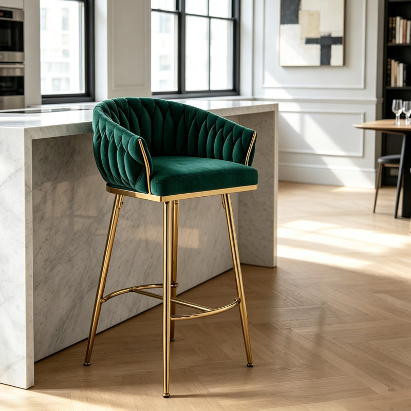 Tabourets de bar de 66 cm (26 po) en velours, hauteur de comptoir, avec dossier et repose-pieds incurvés en tissu tissé, Vert