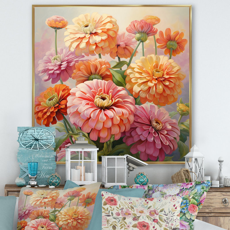 «Light Light Zinnias Romantic Impression I», reproduction sur toile, H 16 po x l 16 po x P 1 po, Cadre flottant doré