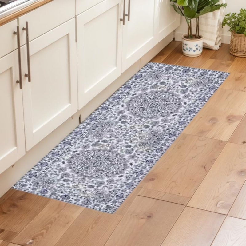 Vintage Distressed Medallion Rug, Washable, Non-Slip Boho Floral Carpet for Living Room, Bedroom, Dining Room, Blue