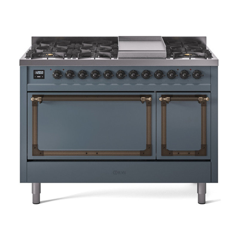 ILVE Nostalgie II Noblesse 48 in Dual Fuel Range, 8 Burner, Griddle, Liquid Propane, Blue Gray/Burnished
