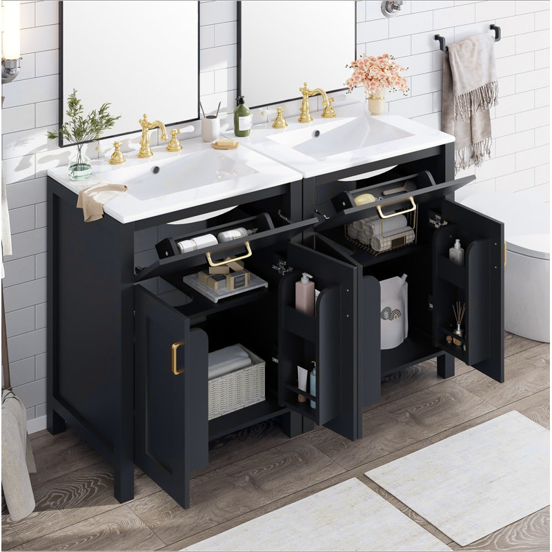 Meuble-lavabo moderne de 48 pouces avec lavabo en céramique, portes à fermeture en douceur, tiroir rabattable, tablettes de porte à double couche, solution de rangement élégante