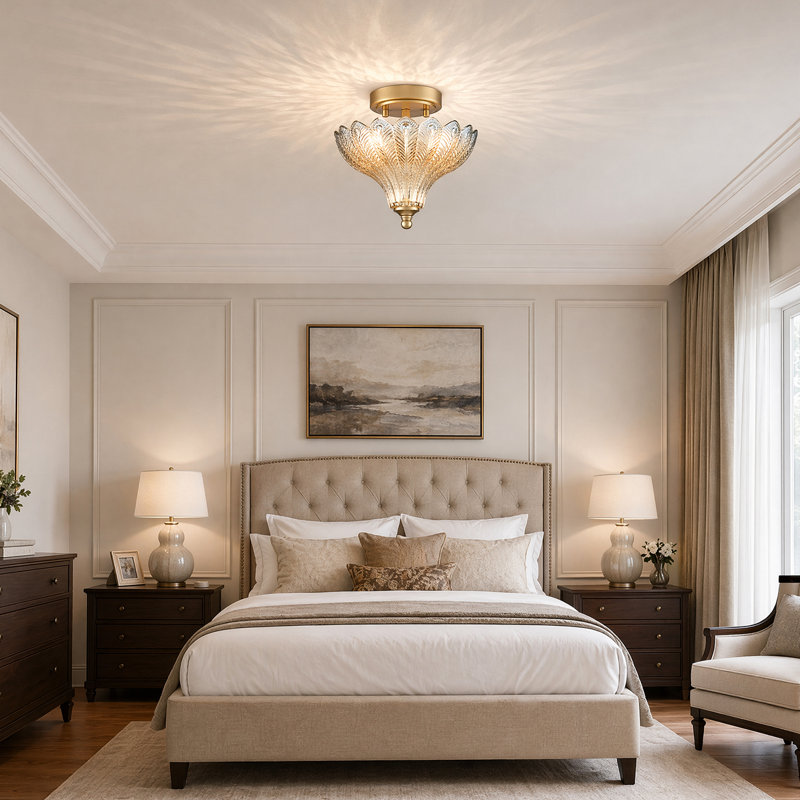 Plafonnier semi-encastré de luxe doré à 2 lumières avec abat-jour en verre bleu et ambré effet plumes