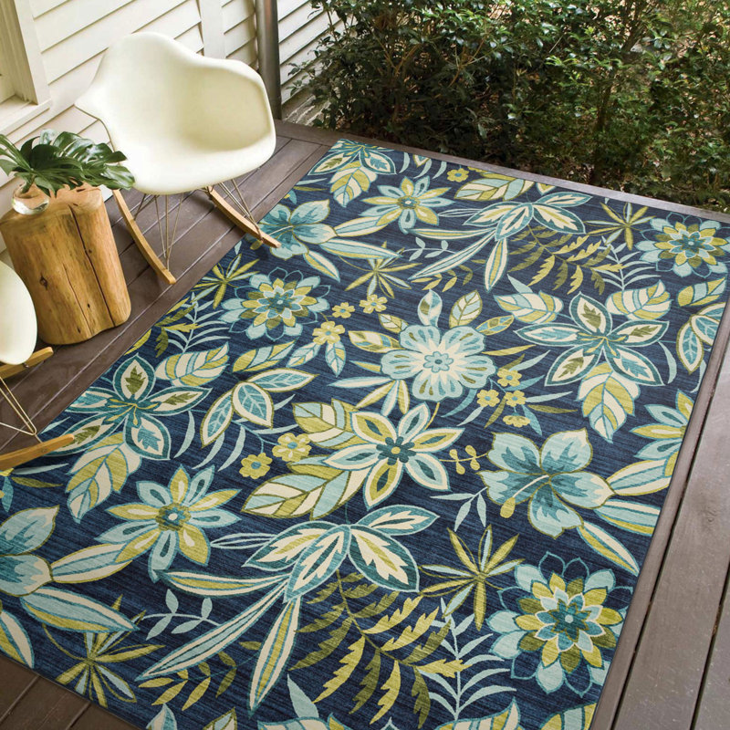 Floral Design Performance Outdoor Rug Blue/Green, Rectangle 3'6" x 5'6"