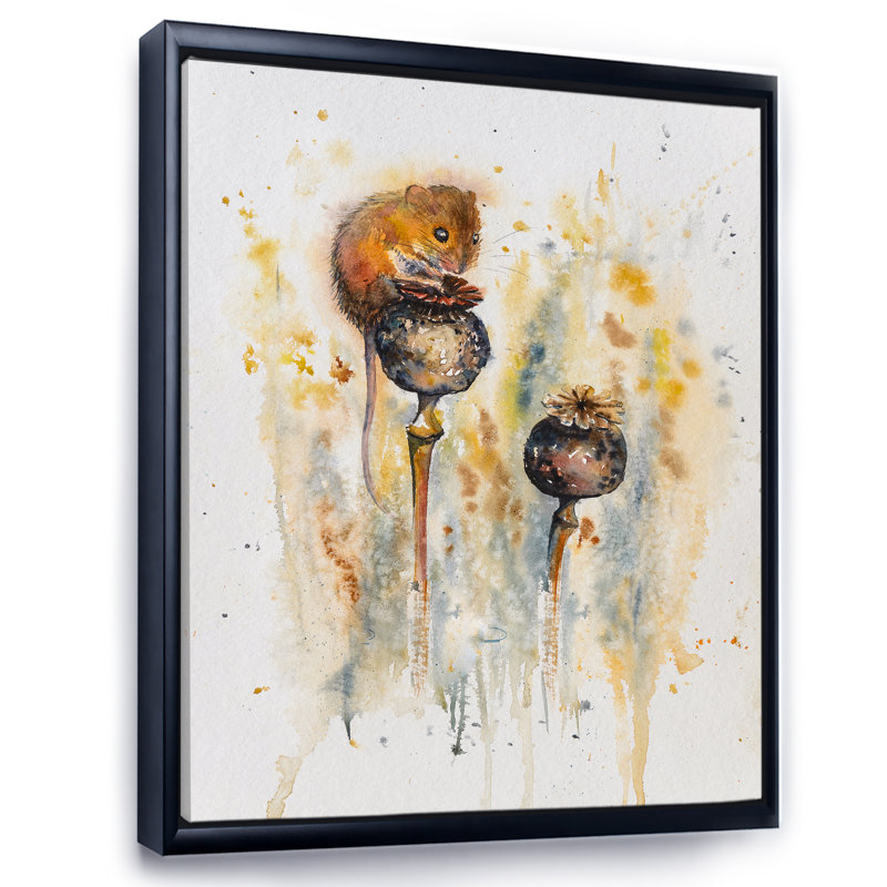 Souris assise sur des coquelicots - Peinture sur toile, H 32 po x l 16 po x P 1 po, Toile avec cadre noir