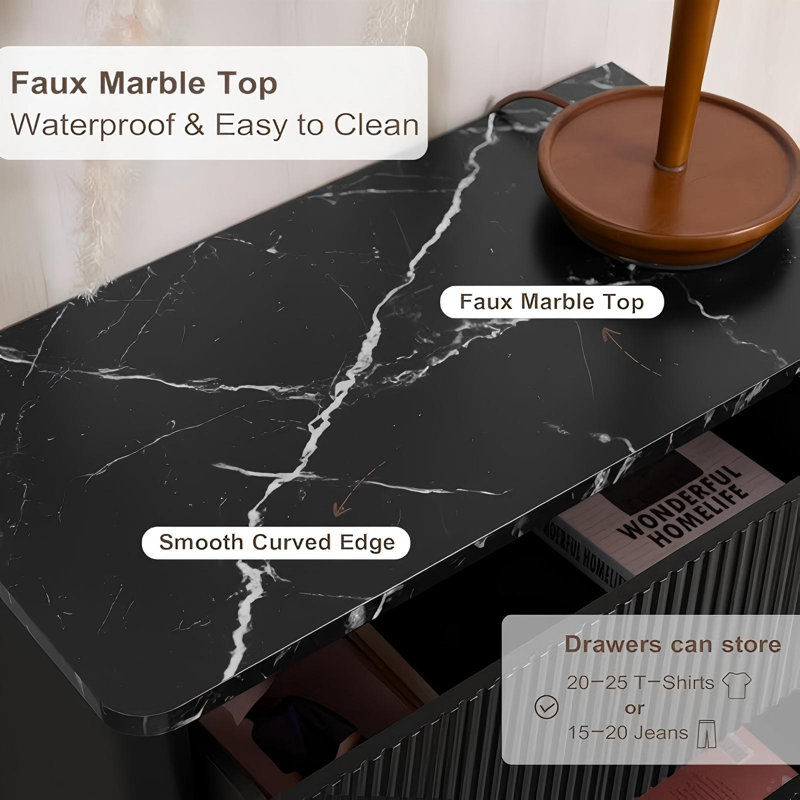  31.4"W 5-drawer Dresser, Fluted Panel of Drawers with Faux Marble Top, for Bedroom, Living Room, Hallway, Black