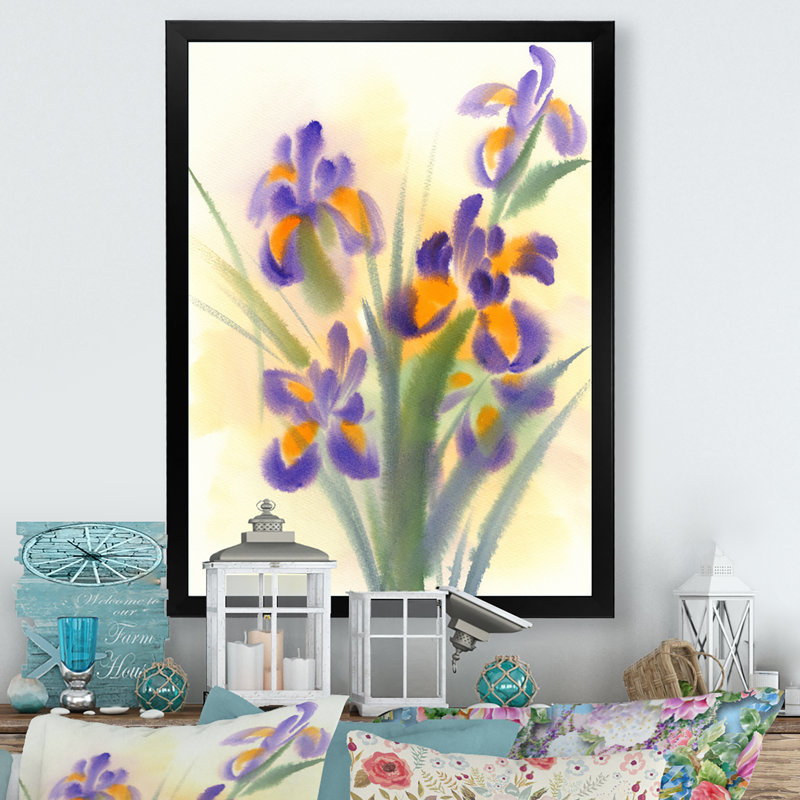 Bouquet d'iris jaunes et mauves - peinture sur toile, Cadre photo noir, H 20 po x l 12 po