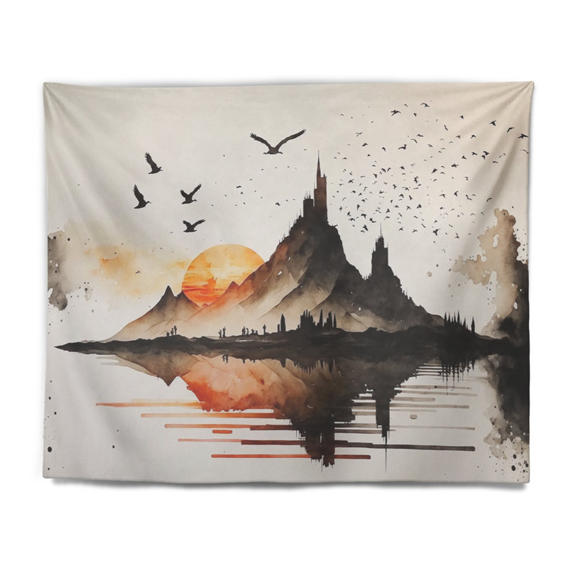 Tapisserie polyester épique lune rouge coucher de soleil I, H 32 po x l 39 po