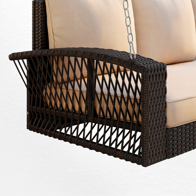 69" Outdoor Pe Wicker Swing – 3-person Porch Bench With Chains & Cushions, Brun, Brun