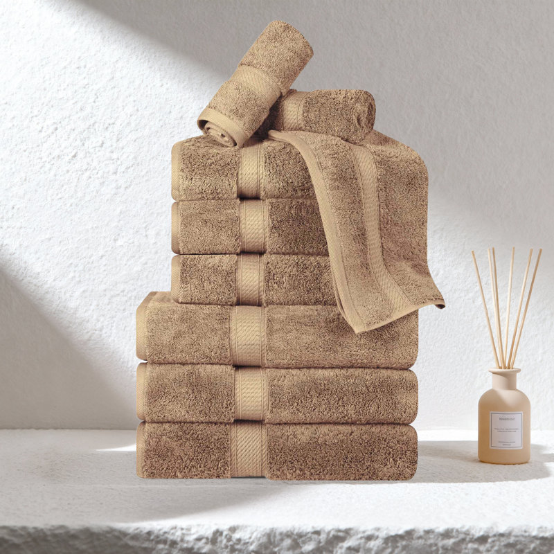 Egyptian Cotton Plush Heavyweight Absorbent 9 Piece Bathroom Towel Set, Latte