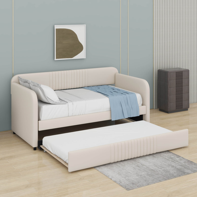 Lit de jour simple avec lit gigogne et canapé-lit rembourré en velours, Beige