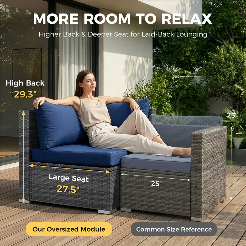 High Back 7 Piece Wicker Patio Conversation Furniture Set with Fire Pit Table and Cushions, Sectional Deep Seating Group