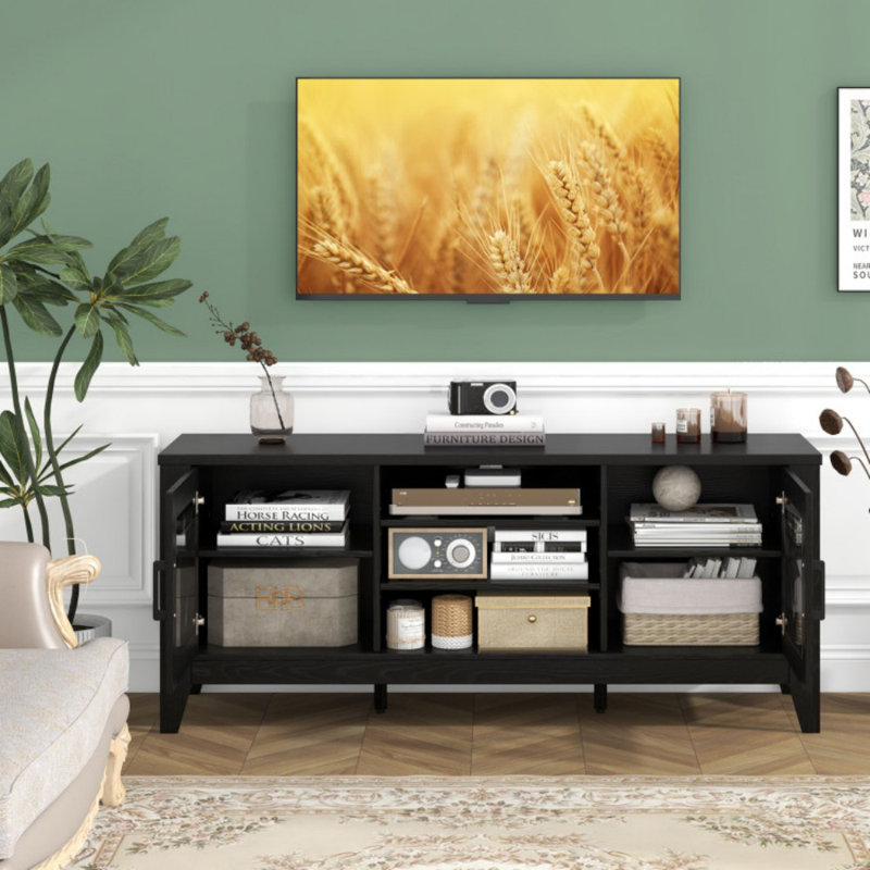 Meuble télé pour téléviseur de 65 po ou moins Farmhouse 4 tablettes réglables, Noir