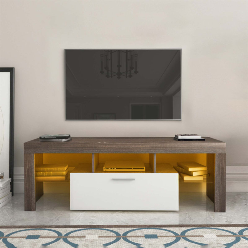 Quick Assembly Modern TV Stand With Toughened Glass, LED Lights, And Adjustable Feet For Living Room, Brown
