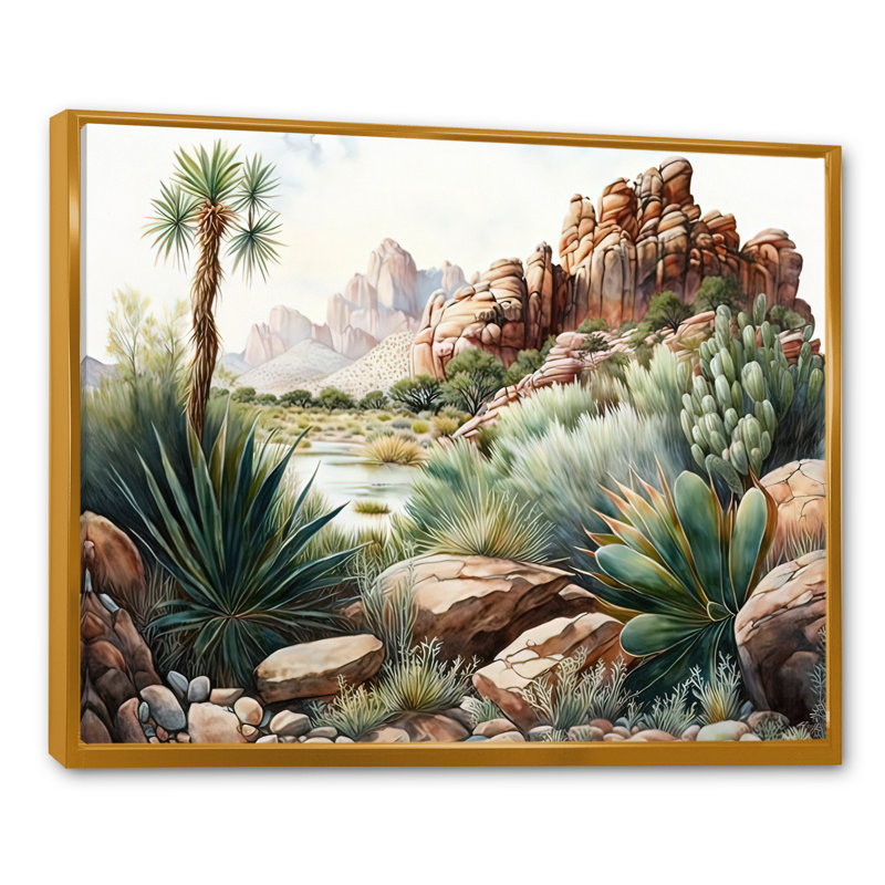 Arizona Desert Cactus II - art mural occidental, H 16 po x l 32 po x P 1 po, Toile avec cadre flottant or