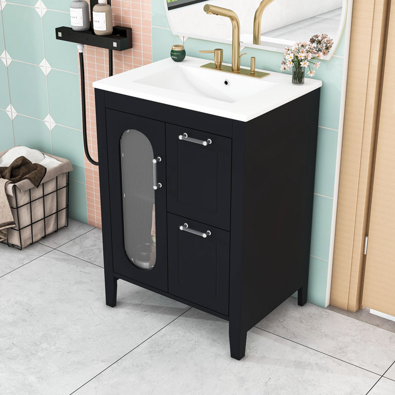 Meuble-lavabo simple en bois autoportant avec lavabo en céramique, porte en verre Moru et tablette réglable, Noir