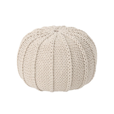 Beige Knitted Round Pouf - 100% Cotton, 19.5" X 12.75", No-assembly Footrest/seat For Living Room/bedroom