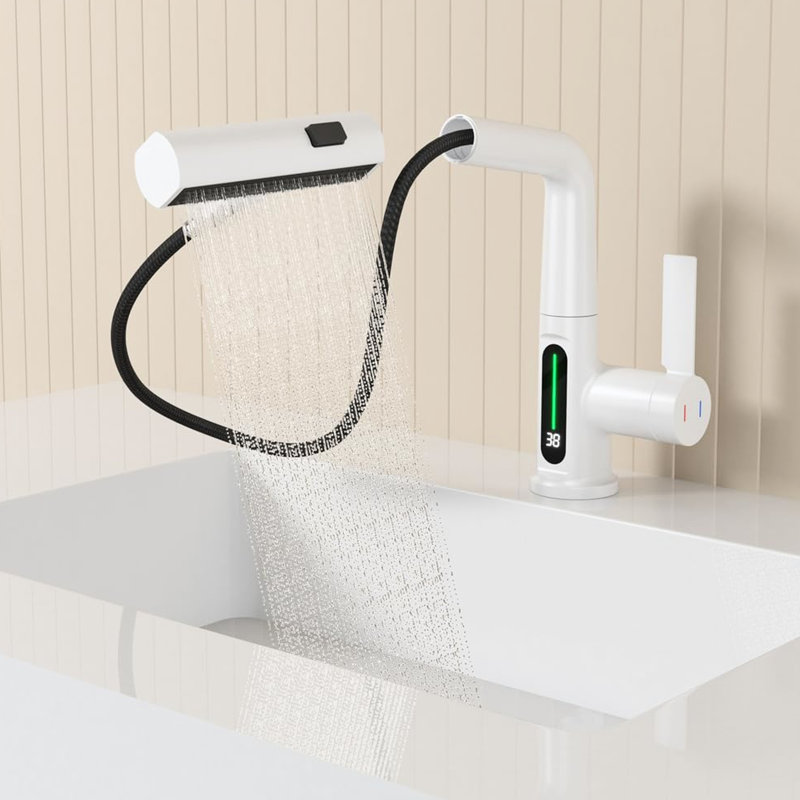 Robinet de lavabo de salle de bain à DEL avec indicateur de température - escamotable, rotatif à 360 °, 31 modes de bec, hauteur réglable, lève-robinet blanc avec présentoir rotatif, lavabo