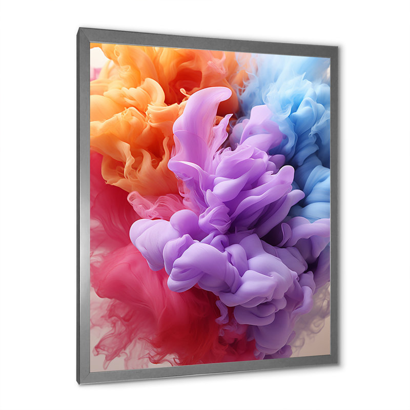 Impression sur toile de formes abstraites mauves, bleues et roses, Cadre simple argenté, H 32 po x l 16 po x P 1 po