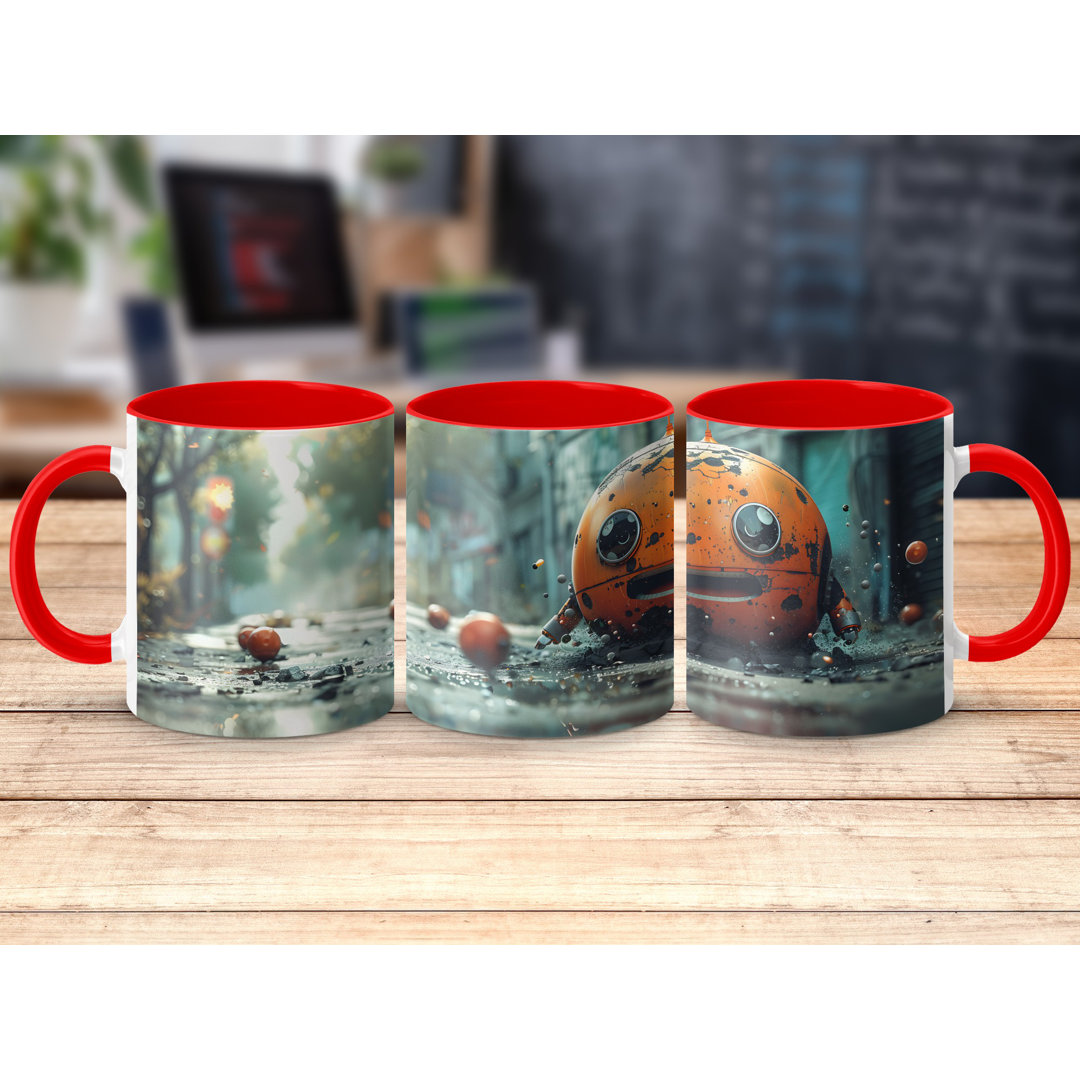 Colourful 3D Design 11oz Accent Mugs – White Ceramic Coffee Cup with a Red Handle and Interior