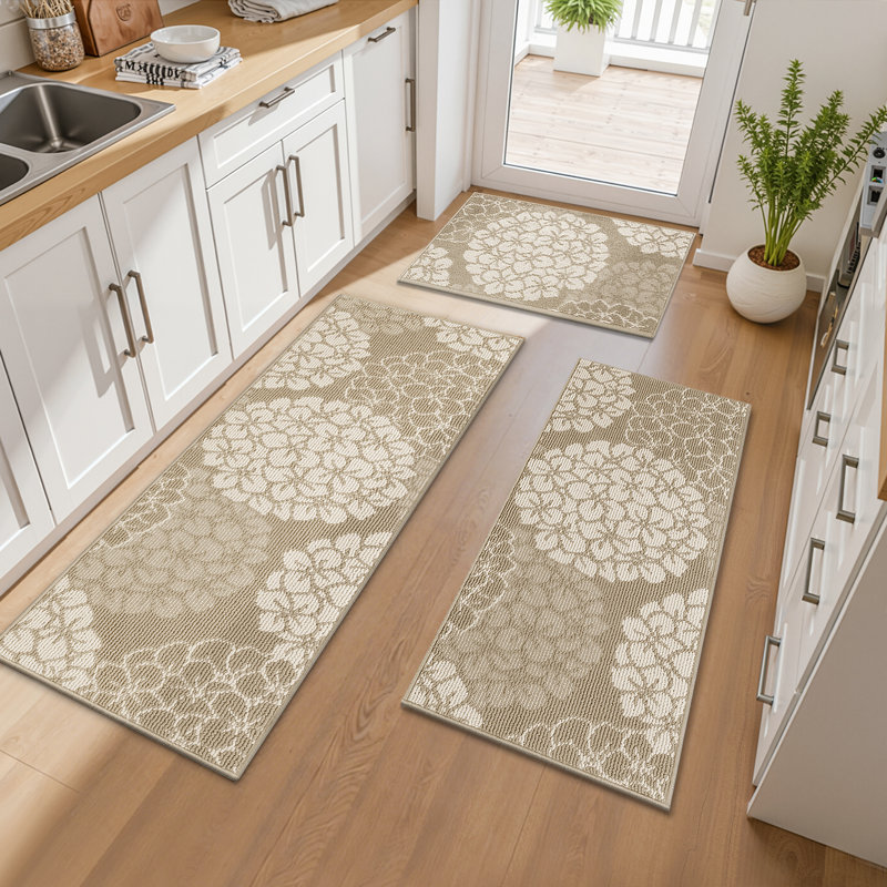 Hydrangea Stain-resistant Kitchen Mat (Set of 3), Beige