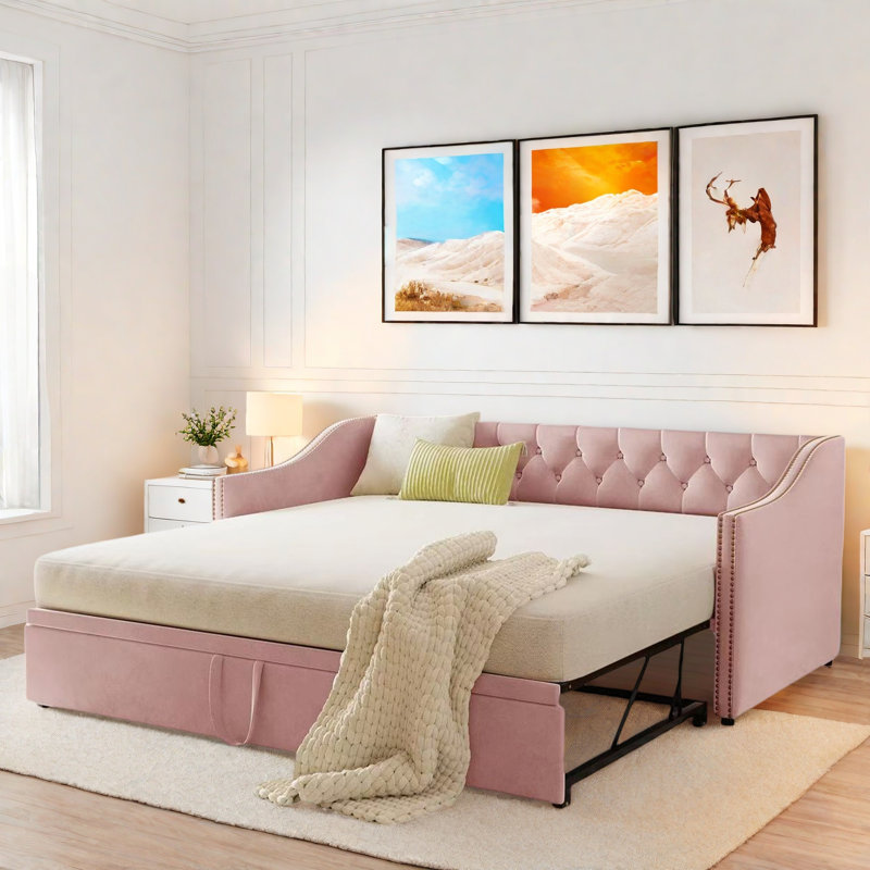 Upholstered Daybed With Pop Up Trundle, Pink