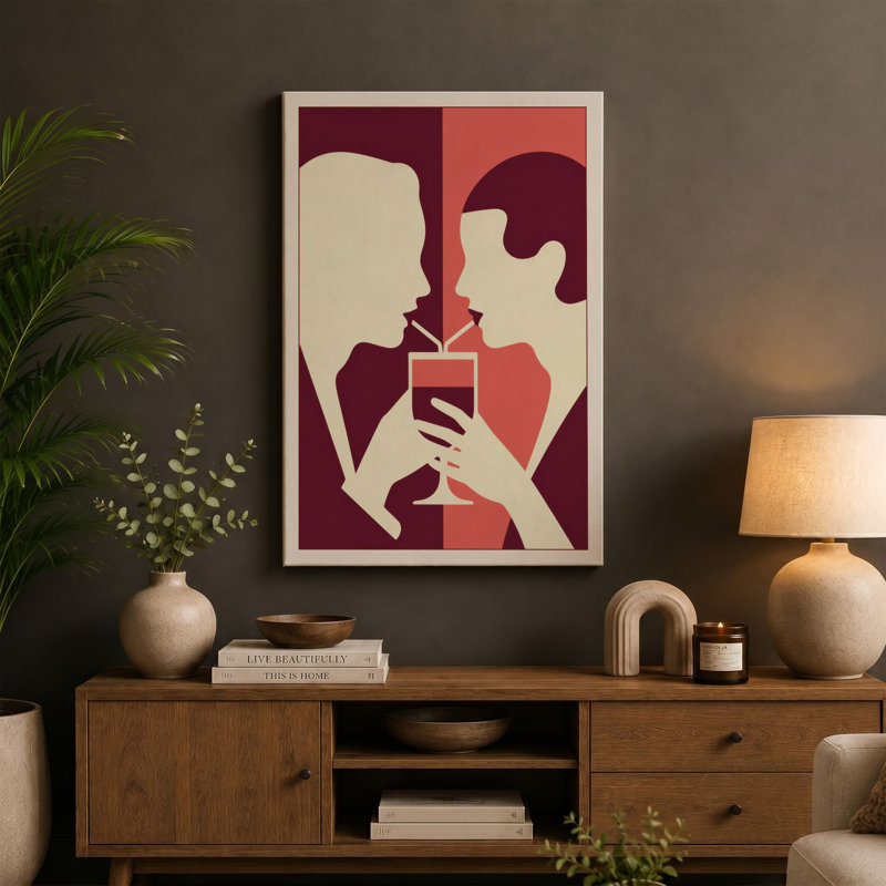 Hands Meet in Red Modern 1 Piece Wrapped Canvas Wall Art, 18x12 - 45.7 x 30.5 cm, Black Border