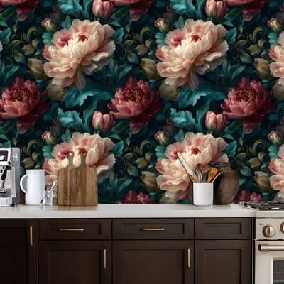 Papier peint adhésif peluches et luxueuses pivoines à fleurs foncées, feuilles vibrantes, papier contact, adhésif amovible, décoration murale pour armoires de cuisine de chambre à coucher 17,7 po x 118 po