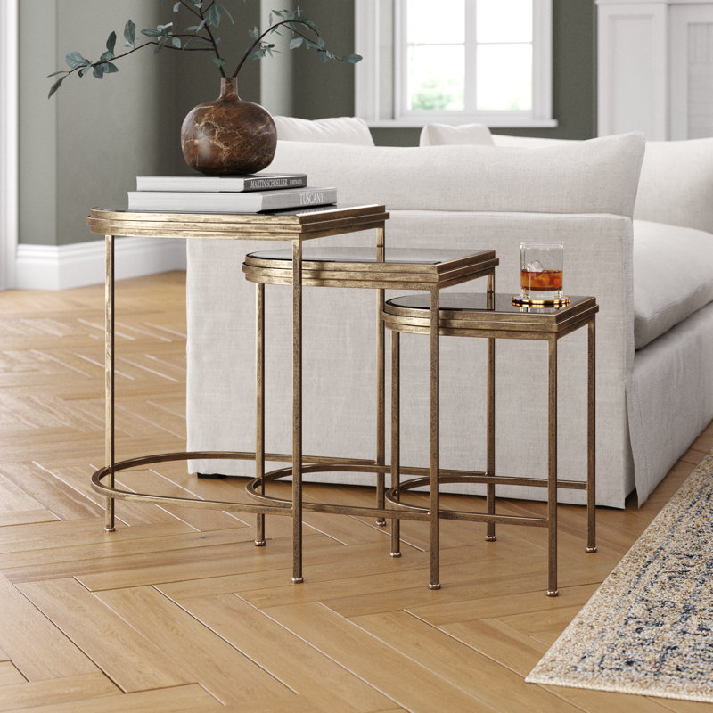 Uptown Mirrored Glass Top Nesting Tables, Antique Brushed Gold