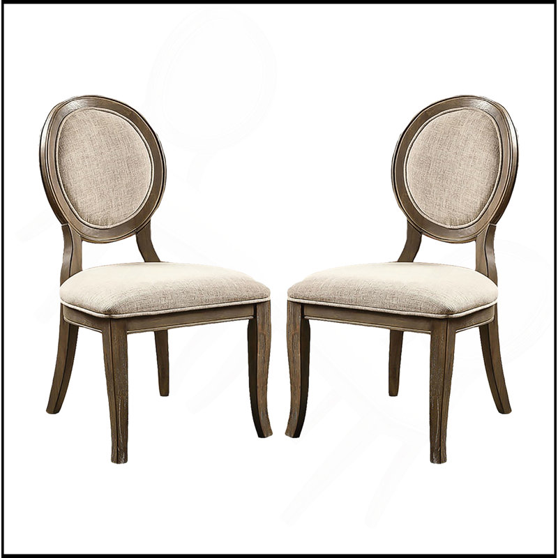 Set Of 2 Padded Beige Fabric Dining Chairs In Rustic Oak Finish