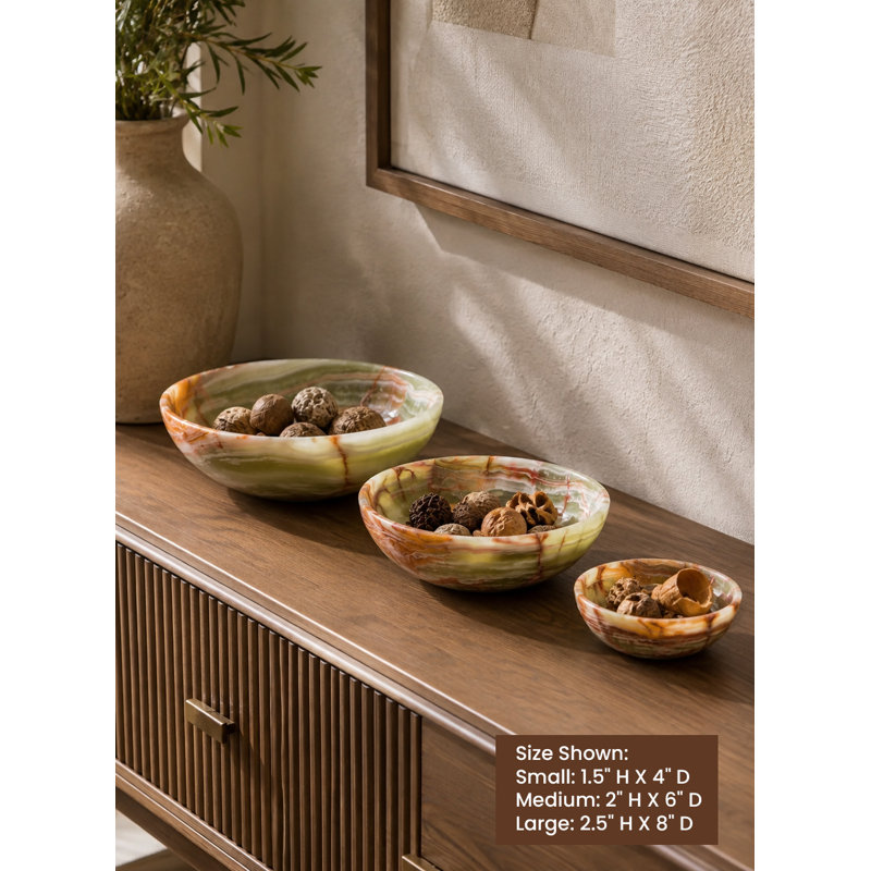 Bol décoratif en onyx naturel, récipient en pierre multicolore fabriqué à la main, objet décoratif minéral pour table basse, entrée, étagère et décoration intérieure, lot de 3 (S, M, L)