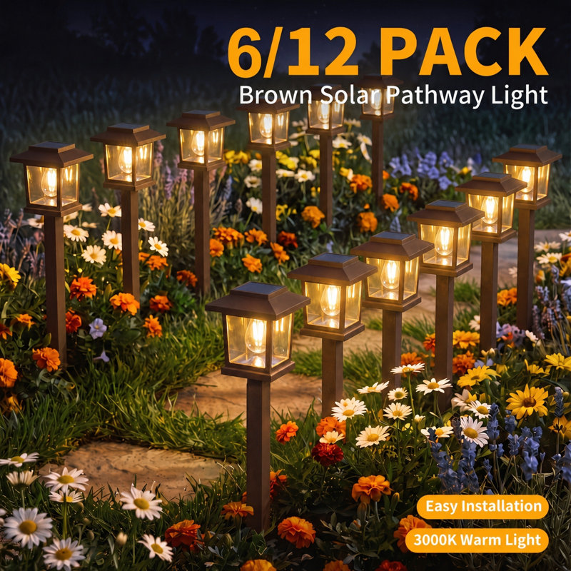 12 Pack Waterproof Auto On/Off Solar Pathway Lights for Your Garden, Landscape, Path, Yard, Patio, Driveway,Walkway Decor, Brown