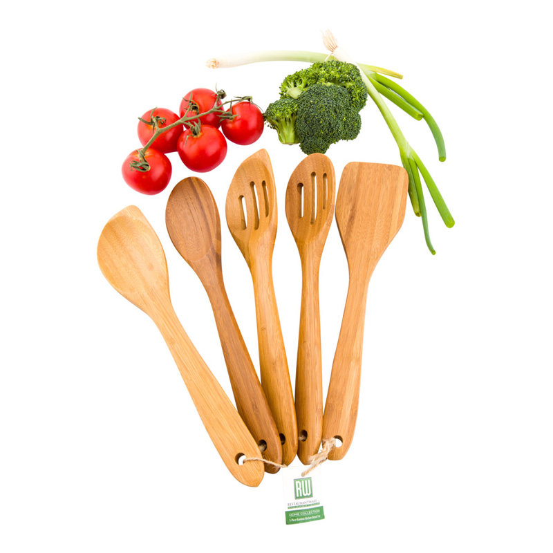 Ustensiles de cuisine en bambou de 12 po pour la cuisine, 1 ensemble d'ustensiles en bambou - Comprend 5 ustensiles de cuisine en bois de bambou, antiadhésifs, pour cuisiner, remuer ou mélanger