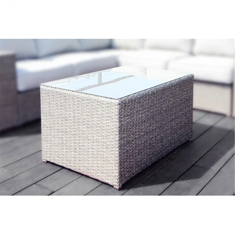 Table basse rectangulaire en osier avec plateau en verre trempé Michael, Gris
