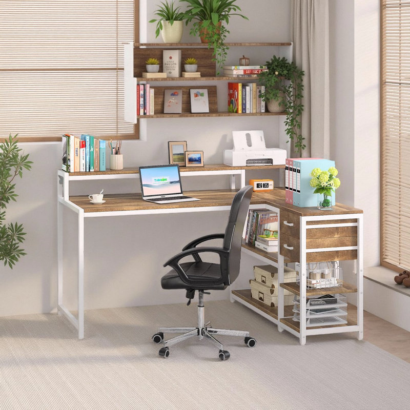55" L-Shaped Desk - Space-Saving Corner Workstation, Brown