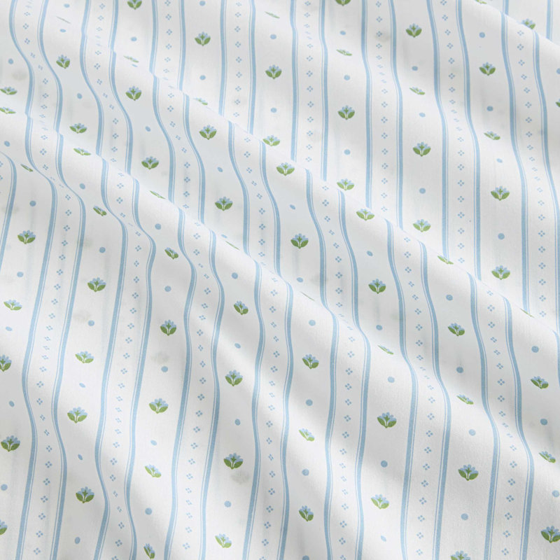 Martha Stewart Cotton Percale  Sheet Set, King Sheet Set with 2 Pillowcases, Floral Stripe Blue