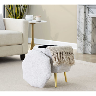Métal doré multi-usages et tissu gris, fonction de rangement, couvercle amovible, look contemporain, longueur intérieure de 13 po, largeur de 12,5 po, profondeur de 9 po, hauteur de 18,15 po, largeur de 17 po, profondeur de 16 po avec rangement décoratif