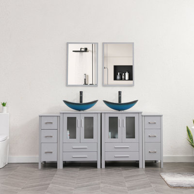 Meuble-lavabo double autoportant de 72 po avec plateau en verre et miroir Base color: BlackSink color: Blue