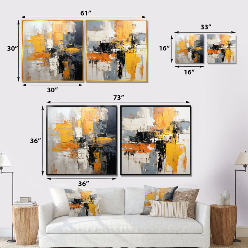 Cordarro - Ensemble de 2 reproductions de toiles abstraites, Cadre flottant doré, H 30 po x l 61 po x P 1 po