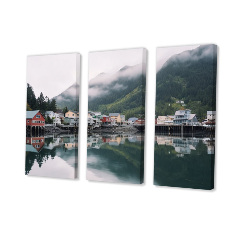 «Alaska Village On The Lake on Canvas», reproduction de 3 pièces, H 40 po x l 60 po x P 1 po