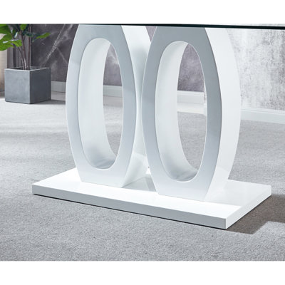 White 6 Dining Table, Clear Glass Top, Modern Double-pedestal Base Table With Frame & Glass, Style