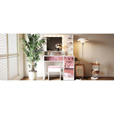 Meuble-lavabo avec comptoir en verre, 11 ampoules, 3 modes d'éclairage couleur, finition rose et tabouret blanc pour la chambre à coucher. Tabouret de finition spacieux avec ports de chargement, station. Ample dans les tiroirs