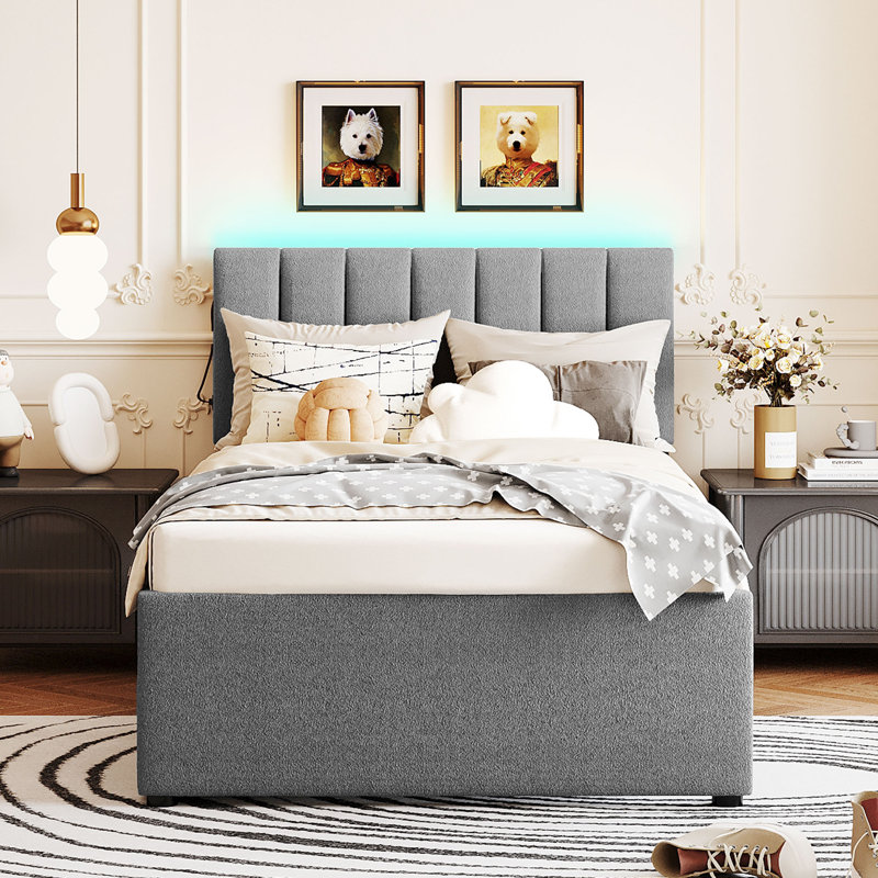 Lit plateforme tapissier avec lit gigogne, Gris, Lit simple