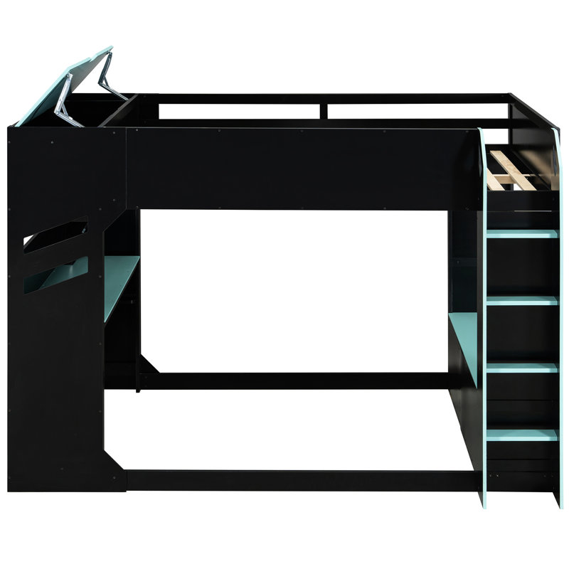 Lit mezzanine en bois pleine grandeur avec bande, bureau réglable, tiroirs et compartiments de rangement. Le bureau réglable de 21,9 po et 29,9 po est destiné aux étudiants. La bande crée un environnement excitant à la hauteur - lumières,