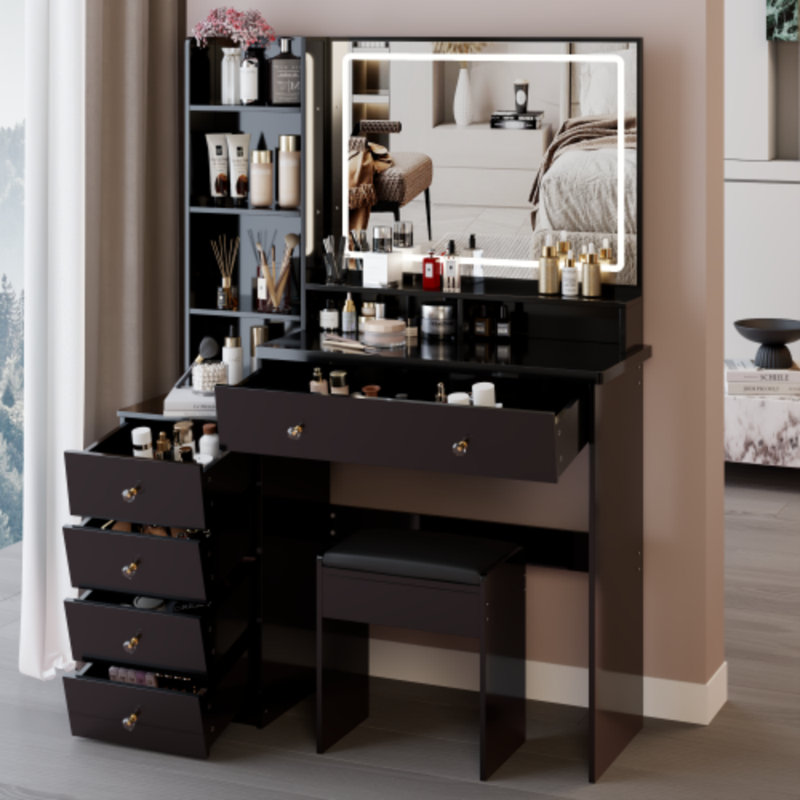 41" Large Left-Sided Vanity Set With LED Mirror & Cushioned Stool – Touch Control, 3-Color Lighting, Multi-Layer Storage – Modern Dresser For Spacious Bedrooms